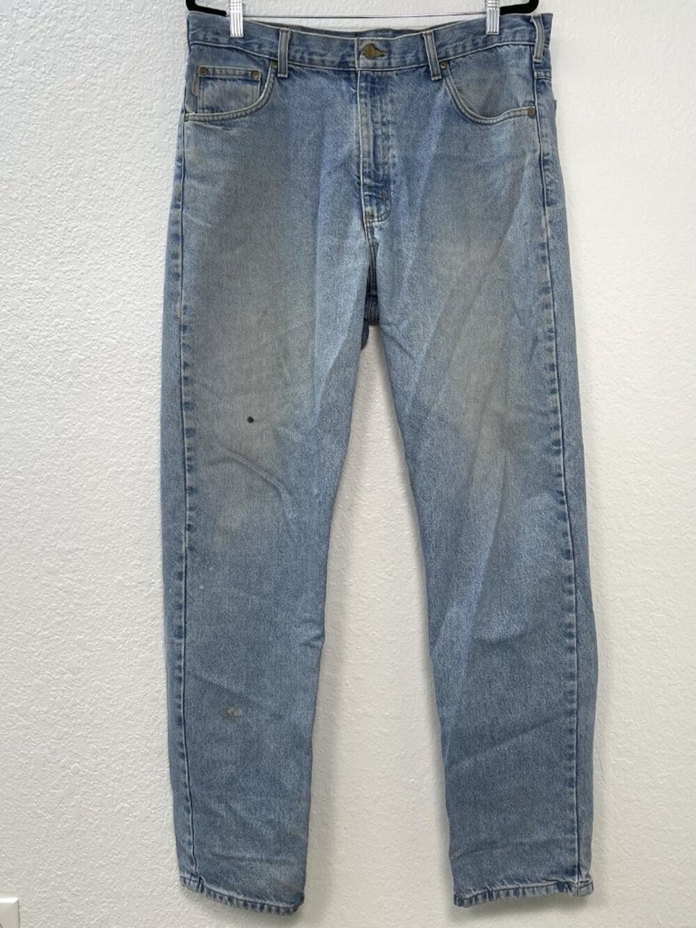 CARHARTT Mens 38x34 Light Wash Relaxed Fit Denim Blue JEANS 100% Cotton STAINED